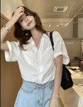 Office Korean Lace Short Sleeve V-Neck Patchwork Loose Shirt