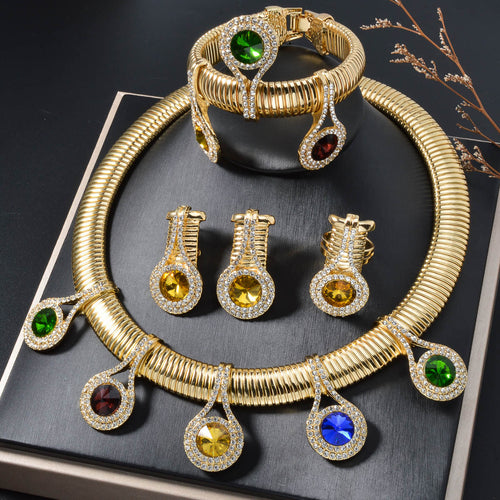 18K 4th Color Crystal Plain Gold Necklace Bracelet Set Earrings Ring Women Jewelry Set Gold Plated Personality Statement Breeze