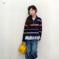 Girls' Striped Polo Collar Knit Pullover - Spliced Hem