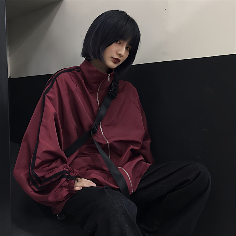 Women's Fall Korean Casual Stand Collar Striped Loose Jacket + Top 2026 - Wine Red