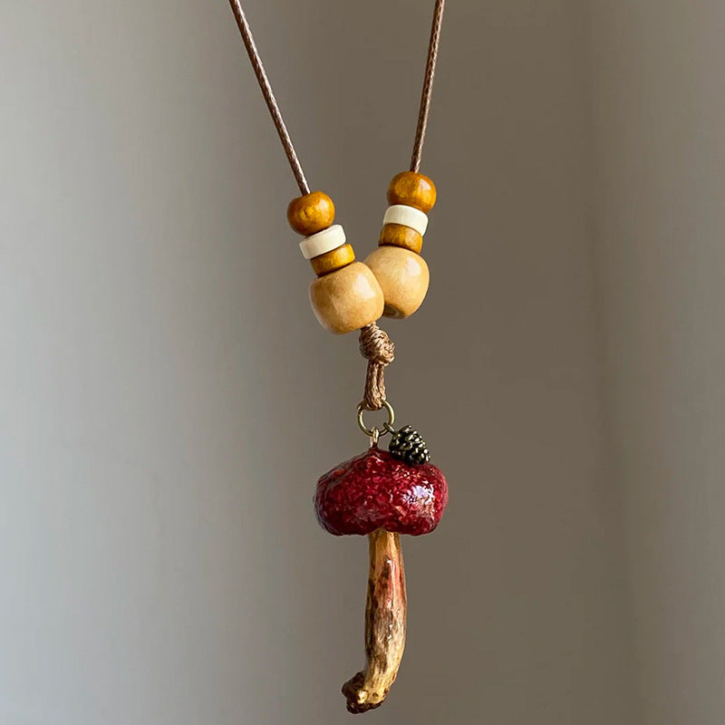 Vintage Bohemian Wooden Mushroom Bead Necklace - view 3