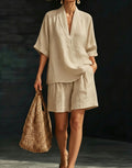 Summer Old Money Relaxed Linen Short Sleeve V-Neck Loose Wide Leg Pants + Top 2-Piece Set
