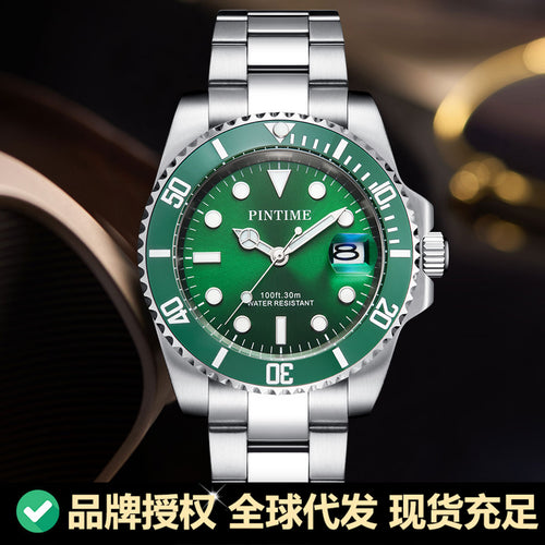 PINTIME / Item Time Live Bestseller Stainless Watch Green Creek Ghost Formal Date Waterproof Glow Quartz Mens Watch