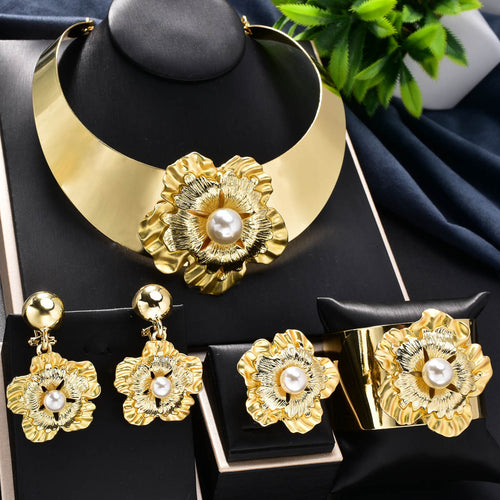 Overseas Dubai 18K Gold Flower Set Pearl Necklace Earrings Ring Bracelet Set Africa Women Banquet Jewelry Set