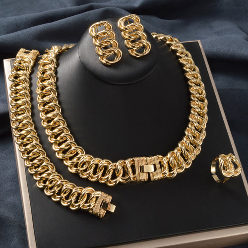 Africa Bride Heavy-Duty Thick Dense Round Polish Cuban Chain New Bead Gem Necklace Bracelet Set Earrings Ring Set