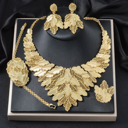 Overseas Middle East Bride 18k Gold Plated Leaves Necklace Bracelet Set Earrings Ring Jewelry Set Africa Women Accessory