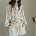 Women's Bohemian Ethnic Lantern Sleeve Long Sleeve High Waist Lantern Skirt + Top 2-P - Top Beige