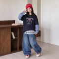 Girls' Cartoon Print Faux Layered Tee & Denim Wide-Leg Pants Set