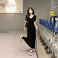 法式高级感V领短袖连衣裙2026春夏季新款漂亮裙子收腰长裙子