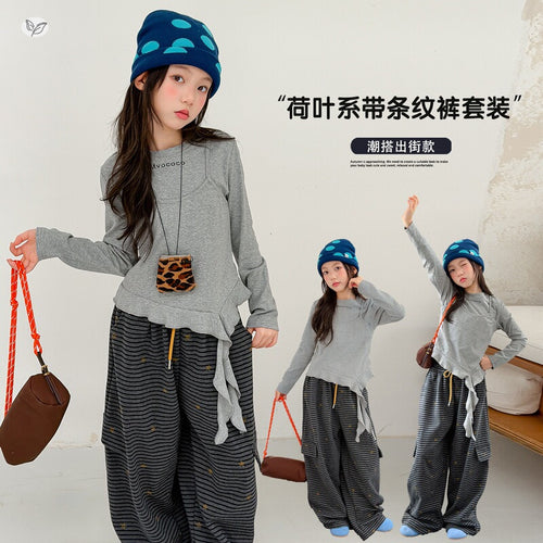 Girls' Faux Layered Base Layer Striped Pants Two-Piece Set