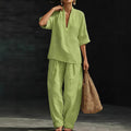 Summer Old Money Relaxed Linen Short Sleeve V-Neck Loose Wide Leg Pants + Top 2-Piece Set