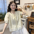 Summer Korean Petite Short Sleeve Tie-Front Patchwork Lace Trim Shirt