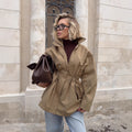 Fall-Winter Cotton Stand Collar Drawstring Waist-Tie Mid-Length Jacket
