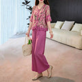 Women's Summer Ethnic Artistic Short Sleeve V-Neck Loose Wide Leg Pants + Top 2-Piece - Rose Red Set