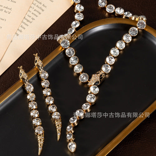 Overseas Vintage Luxury Full Diamond Premium Snake Head Necklace French Long Style Stud Jewelry Set