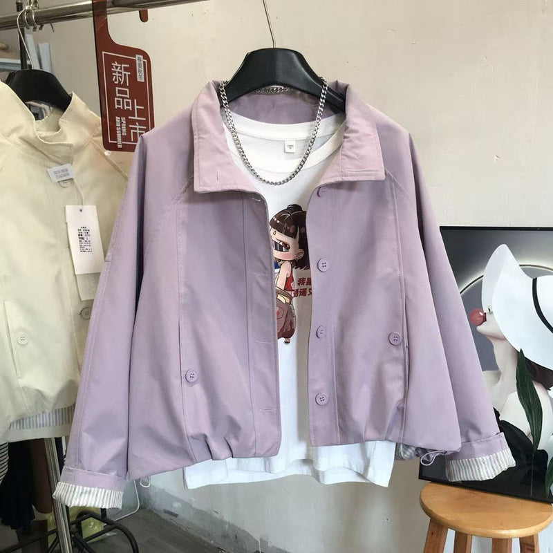 Women's Fall Korean Casual Stand Collar Loose Jacket + Top 2026 - Light Purple