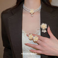 Retro Elegant Geometric Flower Pearl Earrings Necklace Set Fashionable Clavicle Chain Light Luxury Premium Necklace