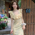 French Retro Square Collar Floral Fitted Ruffle Long Dress