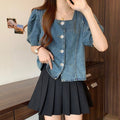 Summer Korean Versatile Puff Sleeve Square Neck Loose Cropped Shirt