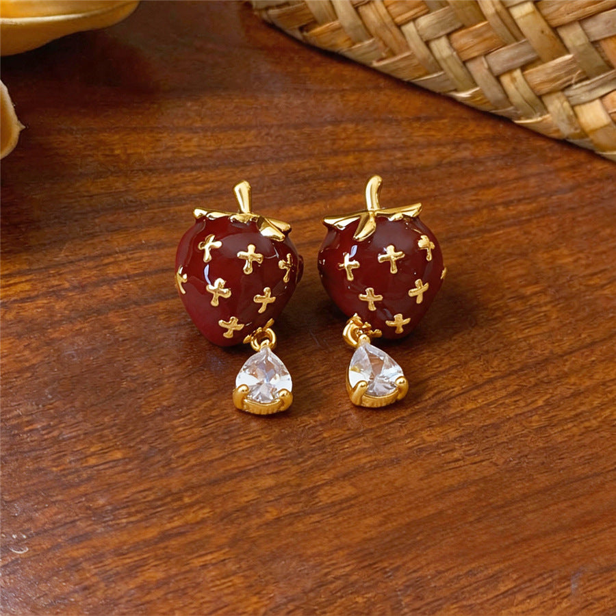 Red Enamel Strawberry Stud Earrings - view 6