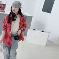 Girls' Red Plaid Long Sleeve Shirt & Asymmetric Jeans - 3-Piece Set