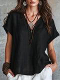 Spring-Summer Casual Linen Short Sleeve V-Neck Loose Shirt