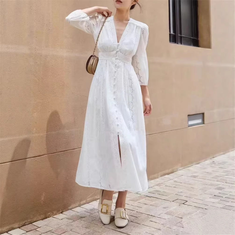 French Elegant Pearl White Dress - Embroidered Hollow V-Neck 3/4 Sleeve Dress
