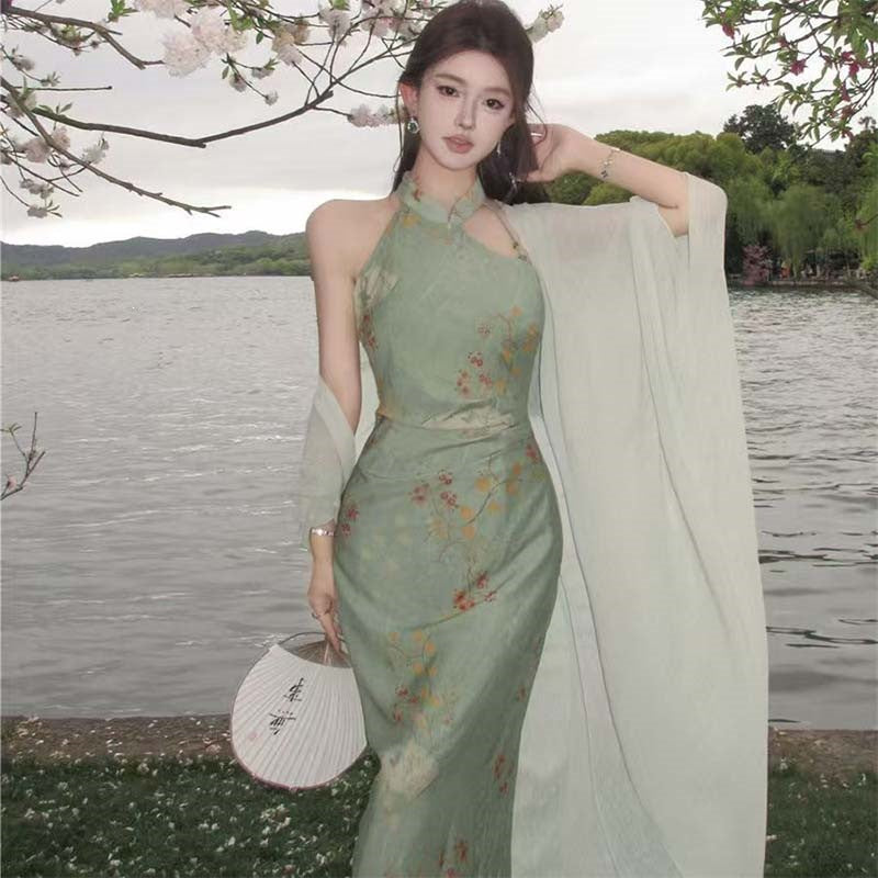 New Chinese Style Floral Halter Modified Cheongsam Dress Set