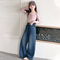 Girls' Korean Rivet Slim Straight Wide-Leg Jeans