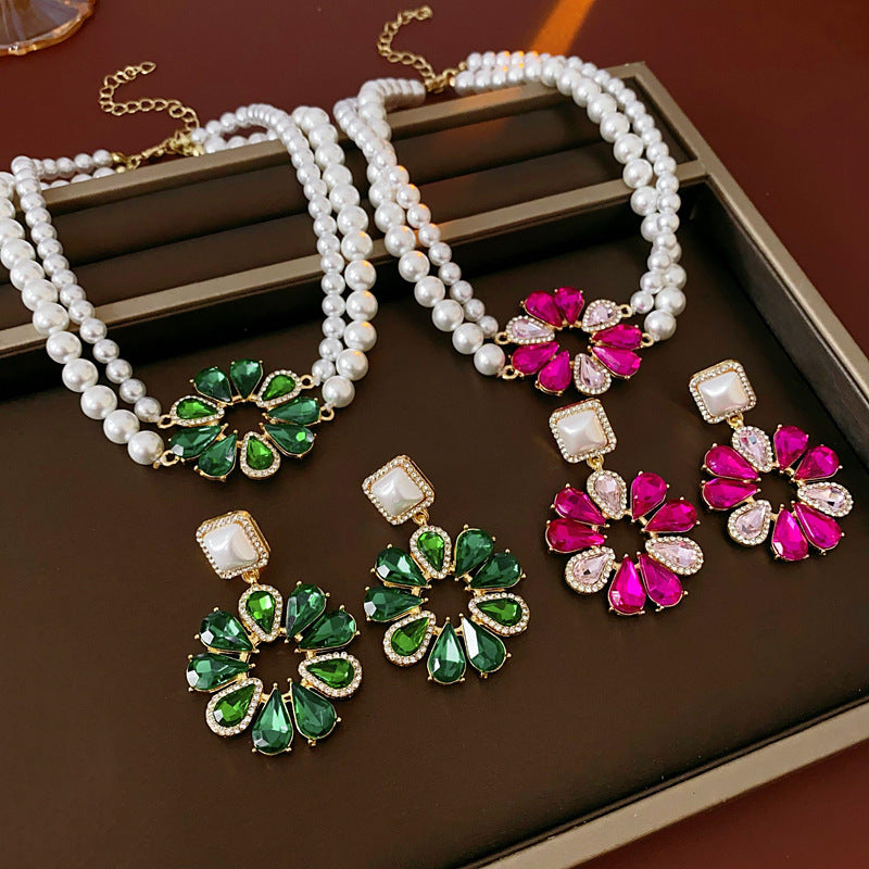 Vintage Rhinestone Flower Necklace and Earring Set - view 4