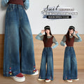 Girls' Color Button Bow Wide-Leg Jeans