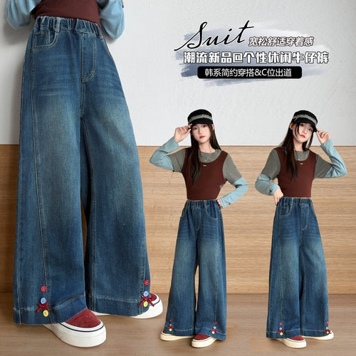 Girls' Color Button Bow Wide-Leg Jeans