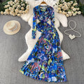 French Slimming Mesh Crew Neck High Waist Printed Tee + Long Skirt + Top 2-Piece Set