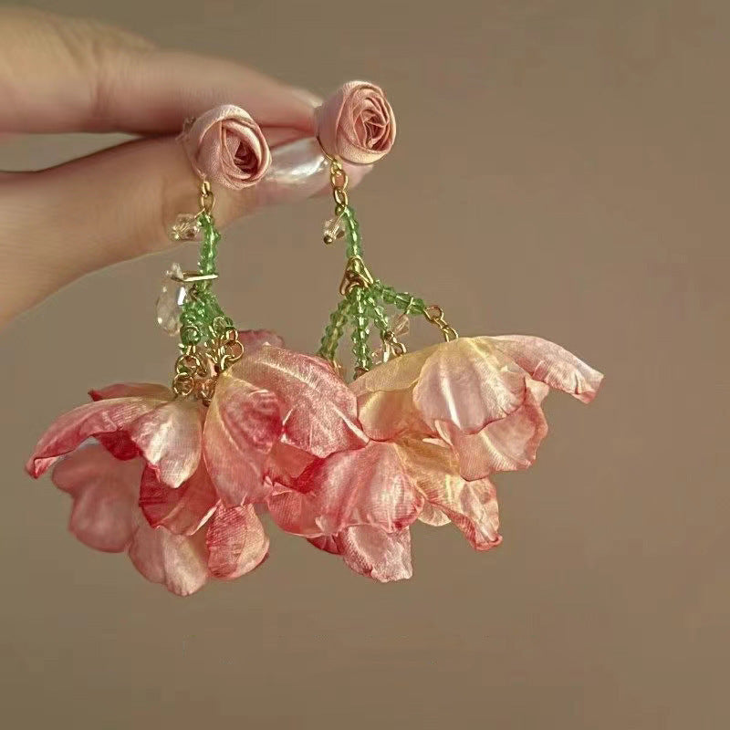 Pink Seed Bead Flower Pearl Tassel Earrings - view 12