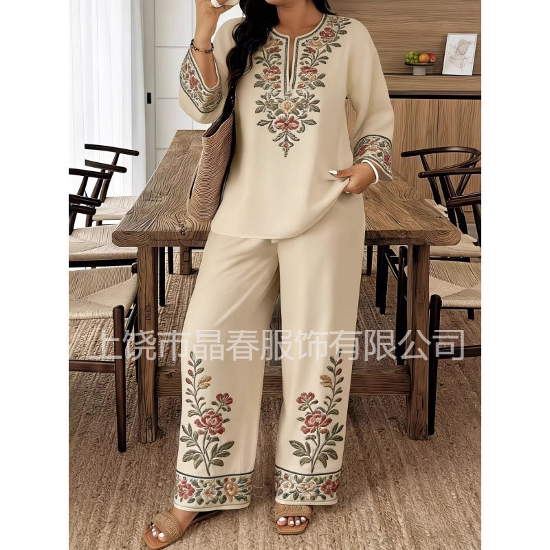 Women's Ethnic Long Sleeve Lace Trim Set 2026 | 2 Piece Outfit Set - White