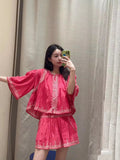 Women's French Ethnic Embroidered Cotton Crew Neck High Waist Skirt + Shirt + Shorts - Top
