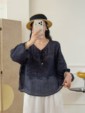 Women's Summer Ethnic Relaxed Ramie Embroidered 3/4 Sleeve V-Neck Loose Set 2026 - Pink Top