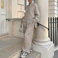 Women's Casual Linen Cotton Long Sleeve Stand Collar Frog Button Loose Shirt + Pants - Apricot