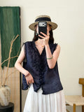 Summer Korean Youthful Ramie Sleeveless V-Neck Patchwork Lace Trim Shirt