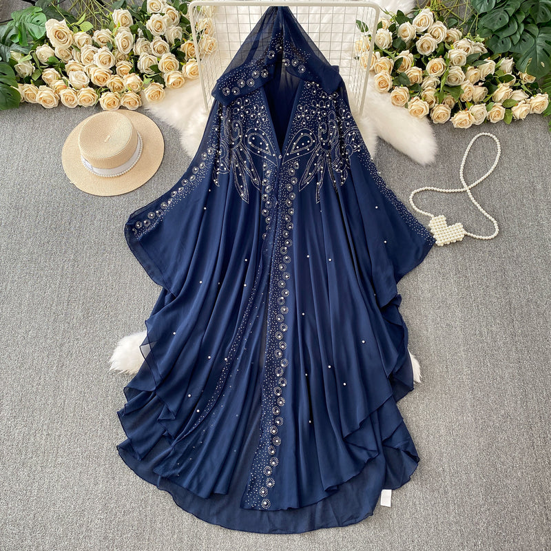 High-End Crystal Beaded V-Neck Hooded Flared Sleeve Irregular Chiffon Dress