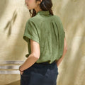 French Linen Jacquard Short Sleeve Lapel Collar Asymmetric Shirt