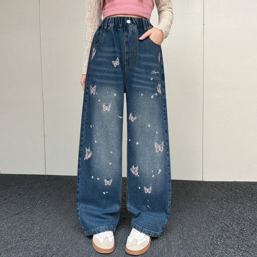 Girls' Butterfly Embroidered Wide-Leg Jeans