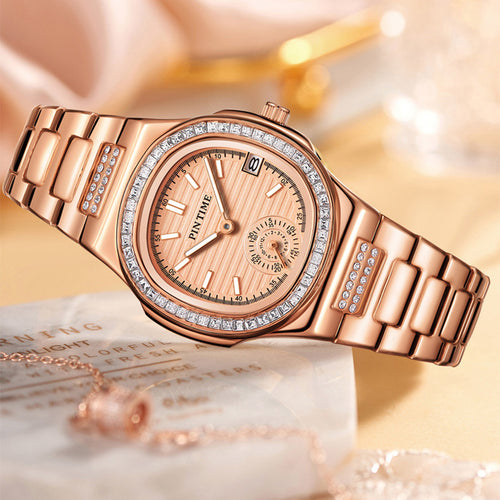 Drop Ship Item Time Ladies Watch Western Bestseller Nautilus Large Crystal Ring Rose Gold Steel Band Formal Casual Womens Watch