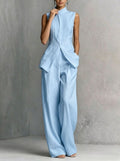 Fashion Elegant Linen Cotton Sleeveless Drapey Shirt + Pants Set