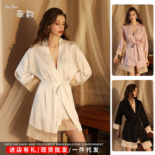 暗恋橘品牌诱惑私房性感睡衣 女士长袖缎面蕾丝系带睡袍外袍422