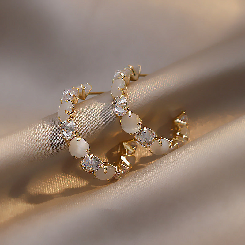 Gold-Plated Rhinestone Cat-Eye Stone Hoop Earrings - view 3