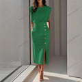 Metal Button Slit Dress - Round Neck Waist-Cinching Elegant Summer Dress Women