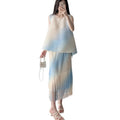 Issey Miyake Style Gradient Two-Piece Set - Sleeveless Top plus Fringe Skirt