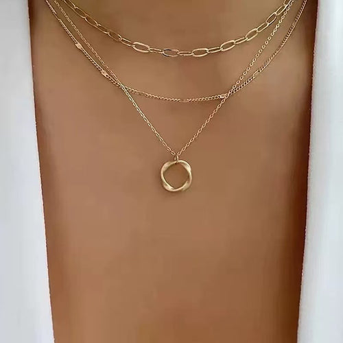 New Import Western Trendy Accessory Personality Design Detail Round Ring Pendant Choker Statement Multi-Layer Versatile Necklace