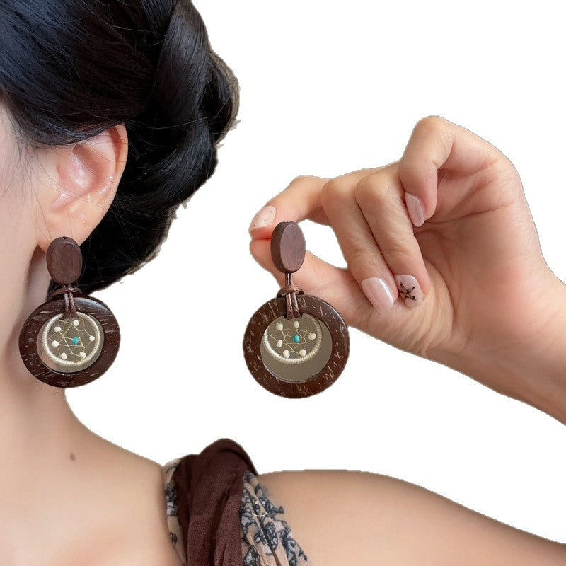 Bohemian Geometric Wooden Flower Stud Earrings - view 5